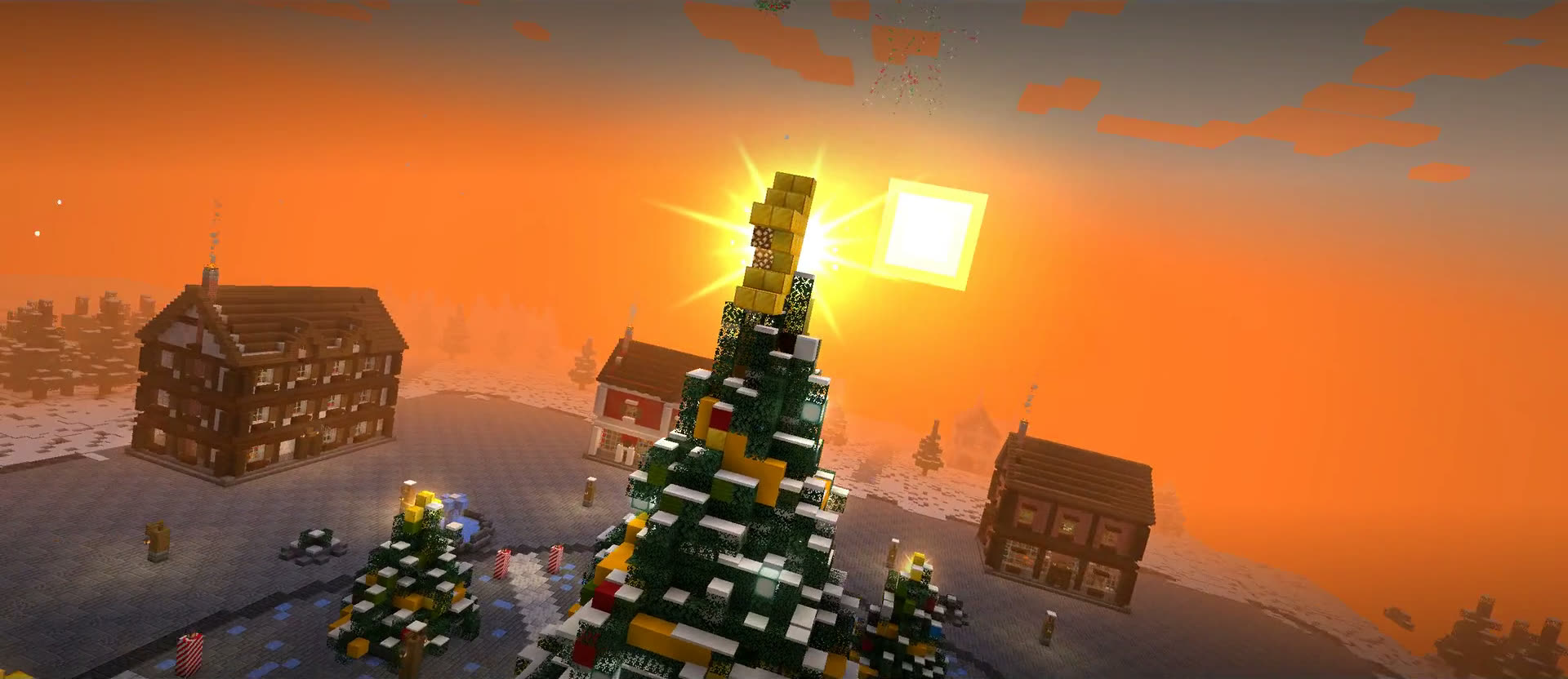 The North Pole at sunset, a great Christmas tree with a golden star in the middle of the village