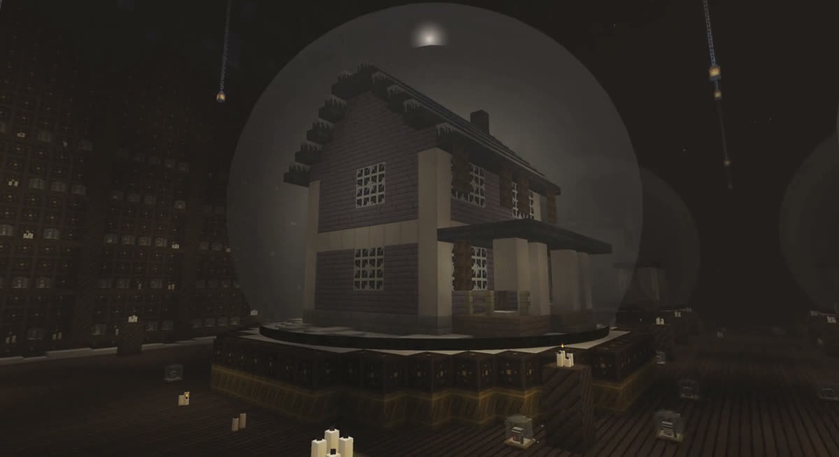 A dark house sealed inside a giant snow globe in Krampus's lair