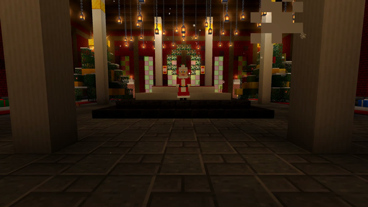Mrs. Claus in her red-and-gold hall full of wreaths and candles