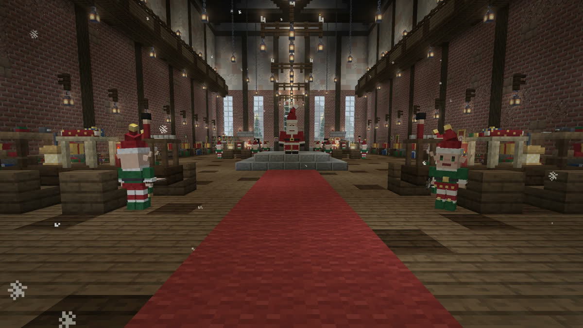 Santa's workshop hall with elves at their benches and a long red carpet