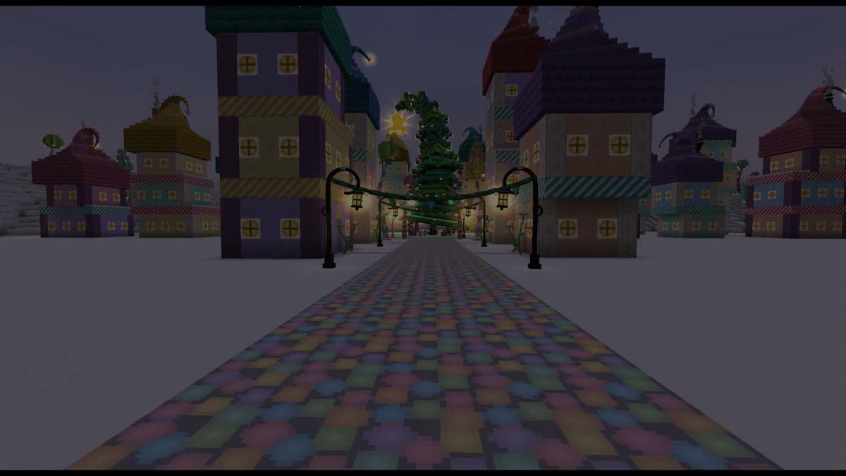 A rainbow-paved street in Who-Ville leading to the town tree